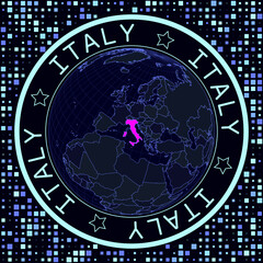 Italy on globe vector. Futuristic satellite view of the world centered on Italy. Geographical illustration with shape of country and squares background. Bright neon colors on dark background.