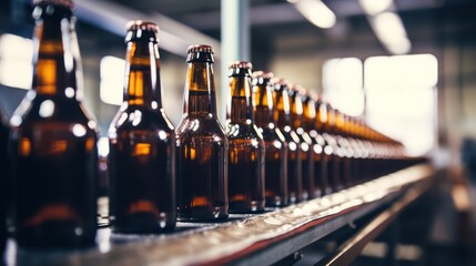 A Brown and green beer bottles on a white blurred background of a production line with copy space on a white background.