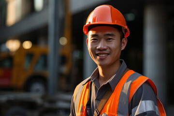 The portrait of an Asian male construction worker in a company uniform, orange safety vest and helmet, smiling and standing in front of construction site background. Generative AI. - obrazy, fototapety, plakaty