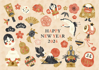 水彩 お正月イラストセット