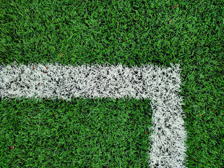 White marking line on a green soccer field. Close-up, top view.