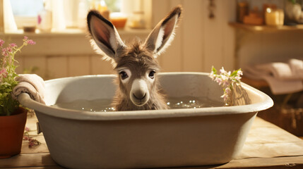 Baby donkey in a bathtub