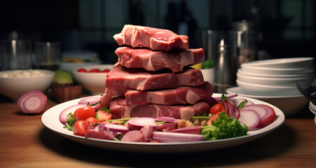 A plate of raw pork chops prepped for cooking on the grill or on the stove, Delicious Italian speck slices seasoned with rosemary, plate with fresh tasty smoked salmon, closeup
