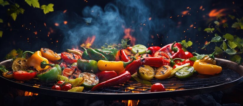In the midst of a vibrant summer, the green leaves rustled overhead as the flames danced beneath the barbecue grill, cooking a healthy meal of red peppers, yellow vegetables, and succulent barbecue