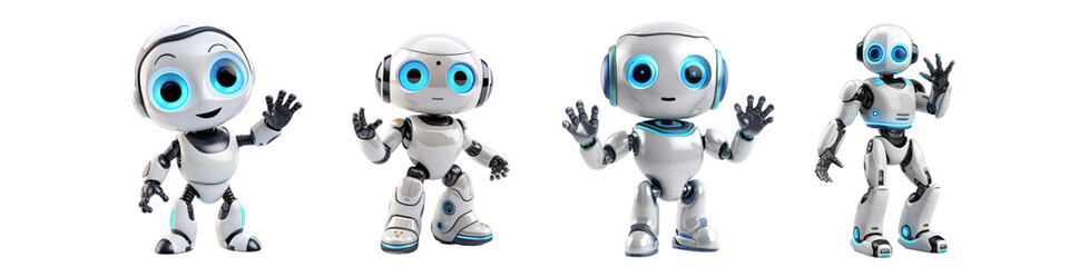 Friendly Cartoon Robots Waving Hello on Transparent Background