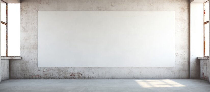 The abstract painting on the wall adds a unique texture to the room's plain white plane, while the concrete floor and cement brick surface remain empty and devoid of any other objects, leaving a blank