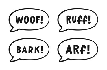 Dog bark animal sound effect text in a speech bubble sound balloon outline doodle clipart set. Cute cartoon onomatopoeia comics and lettering.