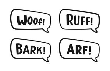 Dog bark animal sound effect text in a speech bubble sound balloon outline doodle clipart set. Cute cartoon onomatopoeia comics and lettering.