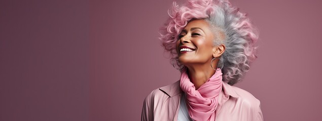 An elderly African woman with gray hair on a pink background smiles in greeting. Generated by AI. - obrazy, fototapety, plakaty