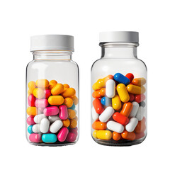 Medicine Bottles Full of Colorful Pills on Transparent Background