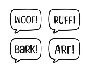 Dog bark animal sound effect text in a speech bubble sound balloon outline doodle clipart set. Cute cartoon onomatopoeia comics and lettering.
