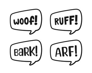 Dog bark animal sound effect text in a speech bubble sound balloon outline doodle clipart set. Cute cartoon onomatopoeia comics and lettering.