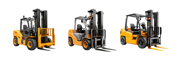 Industrial Forklifts in Different Positions on Transparent Background