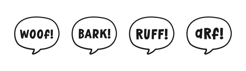 Dog bark animal sound effect text in a speech bubble sound balloon outline doodle clipart set. Cute cartoon onomatopoeia comics and lettering. - obrazy, fototapety, plakaty