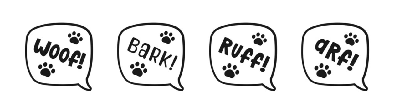 Dog bark animal sound effect text in a speech bubble sound balloon outline doodle clipart set. Cute cartoon onomatopoeia comics and lettering.
