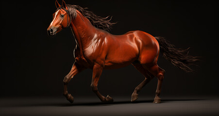 hanoverian stallion trots , isolated on black, Trakehner stallion in dark stable doors background,...