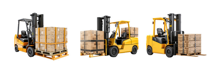 Fototapeta na wymiar Forklifts Operating with Pallets on Transparent Background