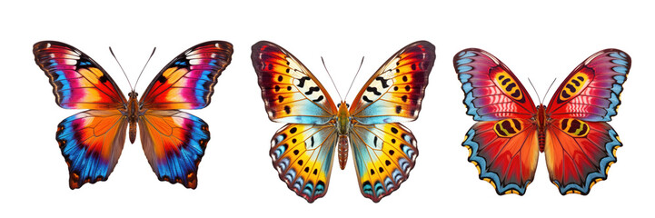 Colorful Butterflies with Open Wings on Transparent Background
