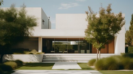 a minimalist villa with a concrete exterior and a serene garden. generative AI