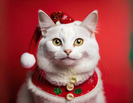 hyperrealistic photo of smiling white cat wears christmas outfit, red background generative AI