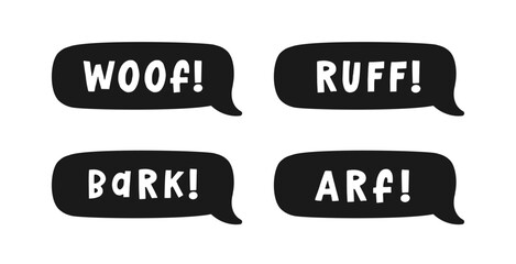 Dog bark animal sound effect text in a speech bubble balloon silhouette clipart set. Cute cartoon onomatopoeia comics and lettering.