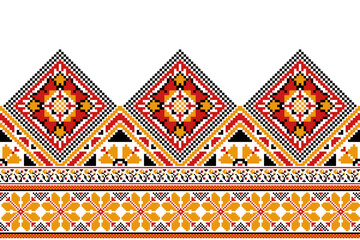 flower embroidery on white background. ikat and cross stitch geometric seamless pattern ethnic oriental traditional. Aztec style illustration design for carpet, wallpaper, clothing, wrapping, batik.