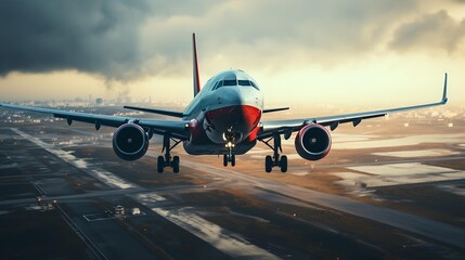 Naklejka premium airliner taking off at sunset the excitement of air travel, the beginning of a journey and the thrill