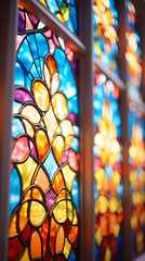 Colorful stained glass windows of the church. Religious background