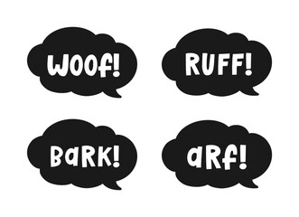 Dog bark animal sound effect text in a speech bubble balloon silhouette clipart set. Cute cartoon onomatopoeia comics and lettering.