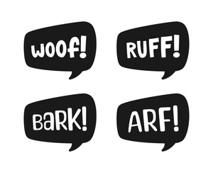 Dog bark animal sound effect text in a speech bubble balloon silhouette clipart set. Cute cartoon onomatopoeia comics and lettering.