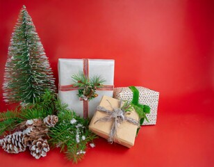 Fototapeta na wymiar realistic photo of christmas gifts, red background generative AI