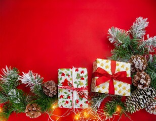 realistic photo of christmas gifts, red background generative AI