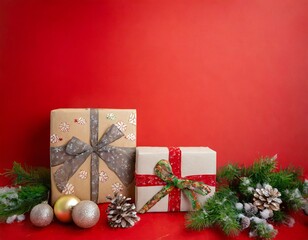 Fototapeta na wymiar realistic photo of christmas gifts, red background generative AI