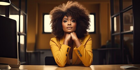 beautiful young woman sitting in office, in the style of afro-caribbean influence, generative AI