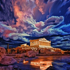 Ancient blue blue yellow sky greece storm scary saint Ai generated art - obrazy, fototapety, plakaty