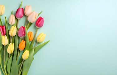 colorful tulip flowers bouquet on light graan background for greeting card decor - obrazy, fototapety, plakaty