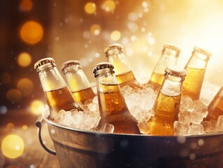 Chilled Beer Bottles in Ice Bucket Ready for Celebration