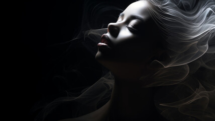weibliches Beauty Model in sinnlicher Pose mit Nebel/ Rauch und Lichteffekten. Low Key Portrait bei dramatischem Licht. Querformat 16:9 Format. Generative Ai. - obrazy, fototapety, plakaty