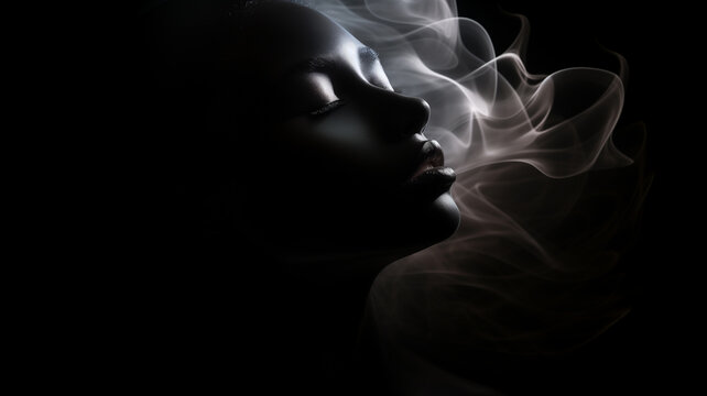 weibliches Beauty Model in sinnlicher Pose mit Nebel/ Rauch und Lichteffekten. Low Key Portrait bei dramatischem Licht. Querformat 16:9 Format. Generative Ai.