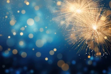 Foto op Canvas Blue and gold Abstract background with fireworks and bokeh on New Year's Eve graphic resources © JetHuynh