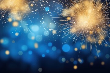 Blue and gold Abstract background with fireworks and bokeh on New Year's Eve graphic resources - obrazy, fototapety, plakaty