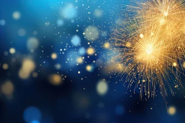 Fotobehang Blue and gold Abstract background with fireworks and bokeh on New Year's Eve graphic resources © JetHuynh