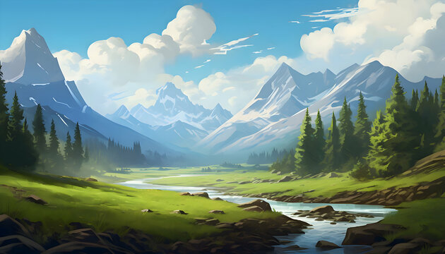 beautiful peaceful landscape of mountains. Spring and summer season desktop wallpaper.