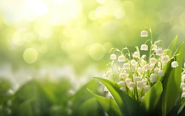 Photo sur Plexiglas Herbe Happy start of spring poster. Lily of the valley on blurred green background. Bokeh, de focus, copy space. Small spring flowers growing in the garden. Fresh spring sale banner design. AI Generative.