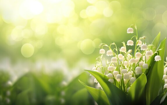 Happy start of spring poster. Lily of the valley on blurred green background. Bokeh, de focus, copy space. Small spring flowers growing in the garden. Fresh spring sale banner design. AI Generative.