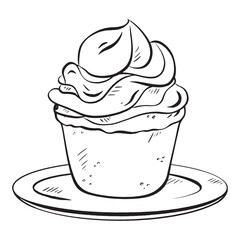 Hand-drawn ink vector. Delicious muffin topped with freshly whipped cream on a porcelain plate. for breakfast brunch or dessert. cupcake. for bakeries patisseries cafes restaurants and menu design