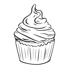 Hand drawn ink vector. Tasty muffin adorned with a dollop of whipped cream. Ideal for a morning treat, sweet brunch, and dessert aficionados. for bakeries, pastry shops, cafes, eateries, and menu