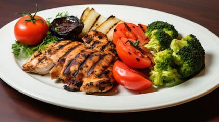 In an immaculate white background, a white plate was adorned with an appetizing array of healthy food grilled chicken and turkey with perfectly charred skin, accompanied by vibrant green vegetables