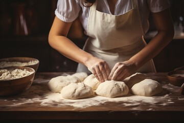 Obraz na płótnie Canvas Woman baker's hands kneading dough for bread