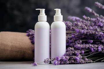 Obraz na płótnie Canvas cosmetics bottle mockup and lavender bouquet
